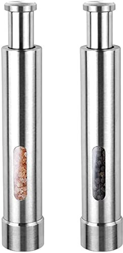 Cute Stainless Steel Pepper Mills with One Hand Stands Mini Thumb Push for Peppercorns, Sea Salt, Spices, Table Seasoning Grinders (M2)