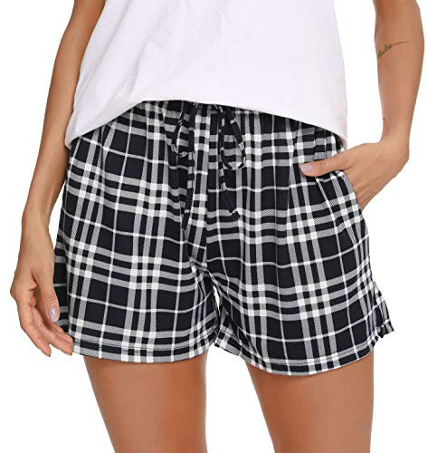 Lovasy Bas de Pyjama Femme Short de Pyjama d'été en Coton à Carreaux Léger Short de Nuit Grande Taille,Bleu Marine,L