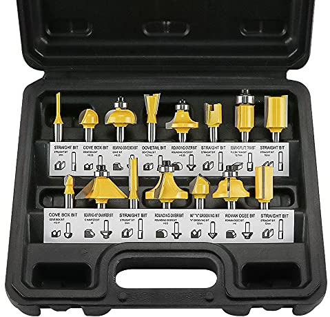 15-tlg. Fräser Set Hartmetall,1/4 Zoll Schaft Profi Fräser-Bit Satz im Kunststoff koffer für Oberfräser Holzschneider Holzbearbeitung