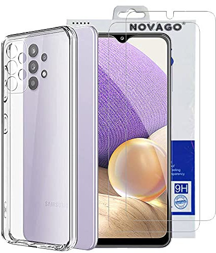 NOVAGO Compatible avec Samsung Galaxy A32 4G - Pack Complet - Coque Résistante Transparente + 2 Films Protection écran Verre trempé (Transparent)