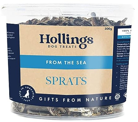 Hollings Sprats Dog Treats Tub, 100% Natural with Fresh Fish Air Dried Treats for Dogs, Hypoallergenic and Grain Free 500g