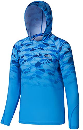 BASSDASH FS03Y T-Shirt für Jugendliche, LSF50+, mit Kapuze, langärmelig, zum Angeln, Wandern, Sonnenshirt, Blauer Fisch Farbverlauf
