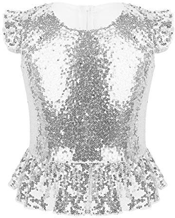 renvena Mädchen Glitzer Oberteil Top Ärmellos Pailletten Shirt T-Shirt mit Rüschen Flatterärmel Kinder Tanz Party Karneval Kostüm Silber 122-128/7-8 Jahre