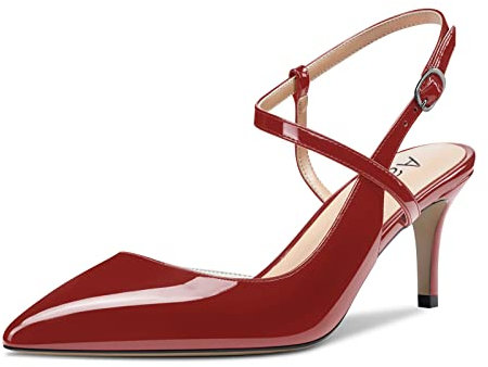 Aachcol Donna Slingback Pumps Cinturino alla Caviglia Scarpe Spillo Medio Tacco Heel Chiusa a Punta Scarpe 6.5 CM Borgogna Rosso Verniciata 37 EU