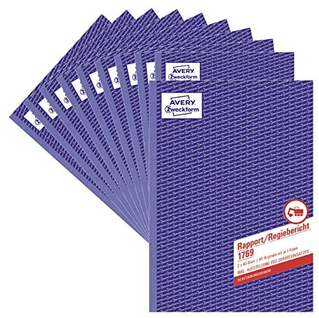 AVERY Zweckform 1769-10 Rapport/Regiebericht (A4, selbstdurchschreibend, von Rechtsexperten geprüft, für DE/AT zur Dokumentation der Arbeitsleistung, 2x40 Blatt) 10er-Pack, weiß/gelb