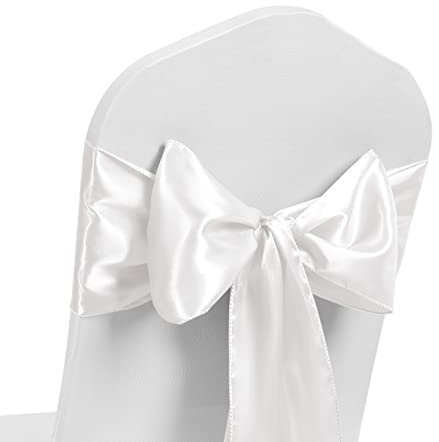 Pack of 10 Satin Chair Sash WIDER FULLER BOWS Chair Sashes Bow Back Tie Ribbon Wedding Banquet Decoration (White)