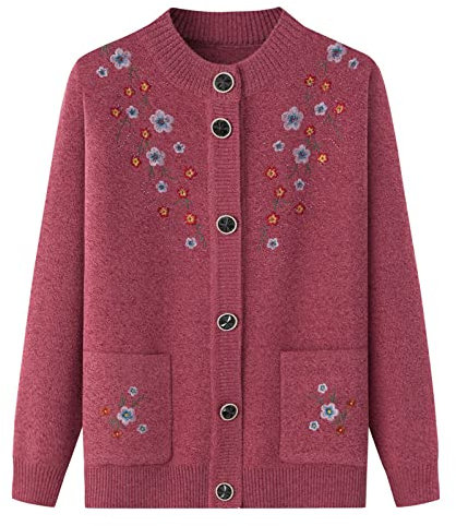 Cardigan Sweater Donna,Cardigan Lavorato A Maglia Da Donna Retro Fiore Viola Ricamo Girocollo Manica Lunga Aperto Frontale Maglioni Cardigan Autunno Addensare Morbido Maglia Capispalla Donne Anziane