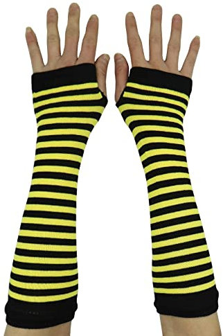 AUSUAYA Gestreifte Handschuhe, lang, fingerlos, gestrickte Armstulpen für den Winter, für Punk, Rock und Cosplay, Gothic, Halloween-Party, GB-WM-S-G5, Gelb und Schwarz gestreift / Bienenstreifen, One