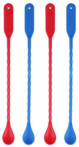 Koala Spain (24 Unidades) Cucharillas Largas Cocktail de Plástico Trenzadas con Rallador, (12) Color Rojo, (12) Color Azul