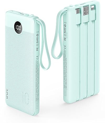 VRURC Power Bank con Cables incorporados, Pantalla LED 10000mAh USB C PowerBank, teléfono de Viaje con 5 Salidas y 2 entradas, batería Externa Delgada Compatible con iPhone, Samsung, Android - Verde