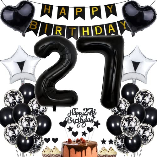 Jrzyhi Luftballon 27. Geburtstag Dekoration - Party Deko Schwarz Tortendeko für Männer und Frauen - Geburtstagsdeko 27 Jahre