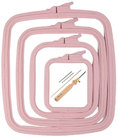 Nurge 5-teiliges Set aus quadratischem Stickrahmen und Stanznadel, Kreuzstichrahmen, Stanznadelrahmen, DIY Handwerk Nähen, ABS-Kunststoff-Stickrahmen (Rosa)