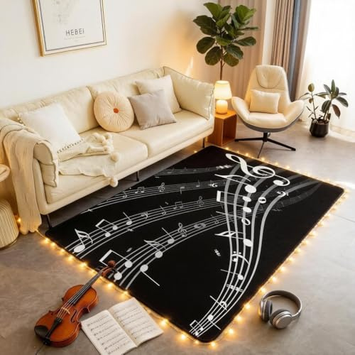 Loussiesd Teppich mit Musiknoten, schwarz-weiß, Musik-Thema, Dekoration, extra weiche Teppiche für Wohnzimmer, Schlafzimmer, Zimmer, waschbar, 150 x 200 cm