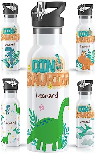 OWLBOOK® Edelstahl Trinkflasche Kinder personalisiert | Wasserflasche mit Strohhalm | 600 ml | Sportdeckel | Spülmaschinenfest | Schule Schulanfang Geschenke Einschulung Junge | Baby Langhals