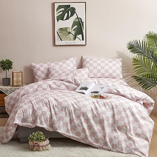 CLOTHKNOW Pink Plaid Tröster Set Queen Checkerboard Grid Bettwäsche Tröster Sets Gitter Tröster für Queen-Size-Bett Karo Bettwäsche-Sets Blush Tröster Bettwäsche Queen 3-teilig Mauve Tröster Queen