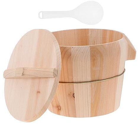HOMSFOU Hand-polished Natural Wooden Rice Steamed Rice in En Barrel Anti-scald Handle Movable Bottom for Easy Cleaning