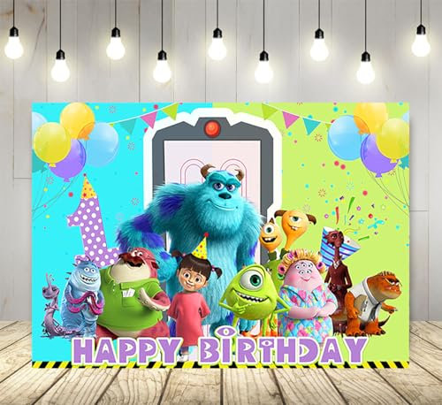 Grünes Monster Inc Familien-Hintergrund für Geburtstagsparty, 1,5 x 0,9 m, Monster Inc Boo Thema, Babyparty, Banner für Geburtstagsparty, Kuchen, Tischdekoration