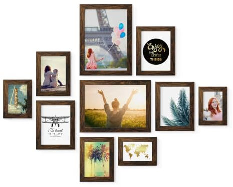 PHOTOLINI Set di 10 cornici rovere scuro legno MDF, cornici larghe, moderne, plexiglass infrangibile, da tavolo o da parete, accessori extra - per una parete dal look raffinato