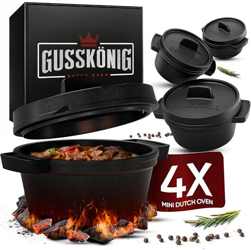 GUSSKÖNIG Dutch Oven Set Mini - 4x 300ml Gusseisen Mini Topf mit Deckel - bereits eingebrannter Mini Dutch Oven - Mini Cocotte Gusseisen Servierpfännchen