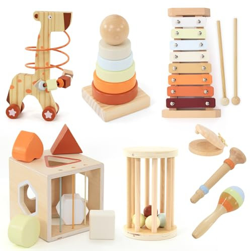 Baeroly 8-in-1 Hölzernes Primer Musikinstrumente, einschließlich Baustein Stapeln, Xylophon und anderes Spielzeug, Kinder im Alter von DREI Jahren
