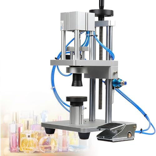 DPLXQPP Piccola Sigillatrice Pneumatica Automatica,Pressa Bottiglie Profumo con Pedale,Altezza Regolabile 15-300 Mm,20-40 Bottiglie/Min,Adatta Bottiglie 10-50 Mm con Tappo Pressione,15MM