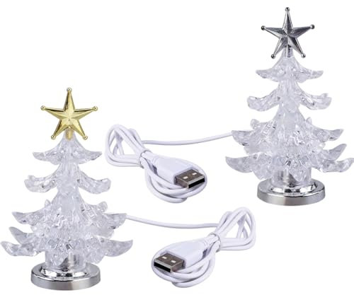 Housoutil USB Weihnachtsbaum, 2 Stück LED Weihnachtsbaum, USB 7-Farben-Weihnachtsbaumlicht Mit Stern RGB Acryl Silberstern-Weihnachtsbaum-Farbwechsellichter Für Schlafzimmer Zuhause