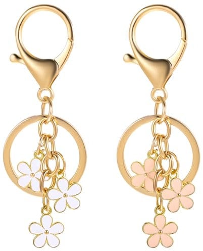 Ouligay 2pcs Cute Flower Keyring for Women, Flower Bag Charms for Handbag Purse, Cute Pink Handbag Charms Accessories for Women Girls Best Friend Colleagues Teacher Girlfriend Mum Birthday Gifts