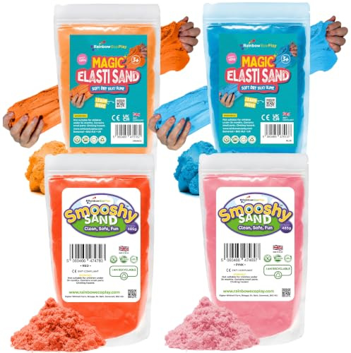 Rainbow Eco Play Magic Elasti and Smooshy Sensory Soft Sand 4 x 485g | A soft, tactile sensory toy that stretches, moulds and flows for hours of creative play