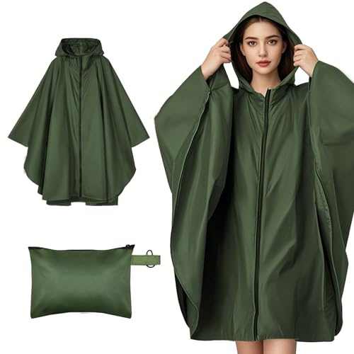 Jokureao Poncho de pluie imperméable avec sac de transport, vêtement de pluie coupe-vent pour femmes et hommes, léger et compact pour le vélo, voyage, randonnée, manteau de pluie réutilisable, Vert
