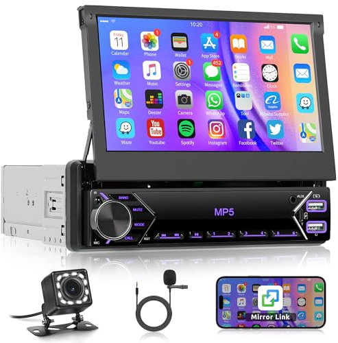 Radio de Coche 1 DIN con Bluetooth iOS/Android Mirror Link 7 Pulgadas Pantalla Retráctil Manual Radio Coche con Bluetooth Manos Libres FM Radio/USB/AUX/EQ/Type C Controles del Volante Cámara Trasera