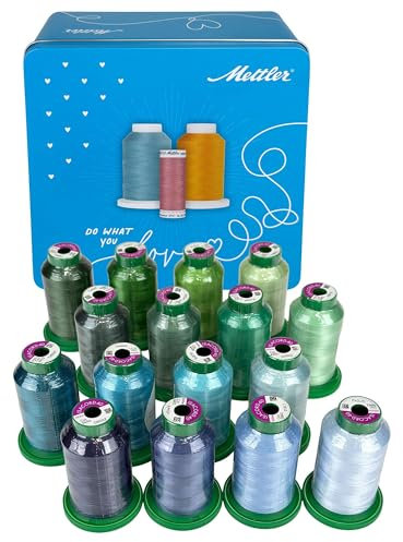 Amann Garnbox gefüllt mit 16 Konen Amann Isacord-Maschinen-Stickgarn (je 1000m) (grün/blau/aqua/türkis)
