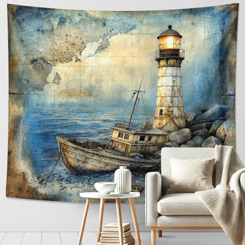 Wandteppich mit nautischem Leuchtturm, Ozean, rustikale Boot-Wandkunst in Blau und Beige, Küstendekoration für Wohnzimmer, Schlafzimmer, Terrasse, ästhetische Heimdekoration, 127 x 152 cm