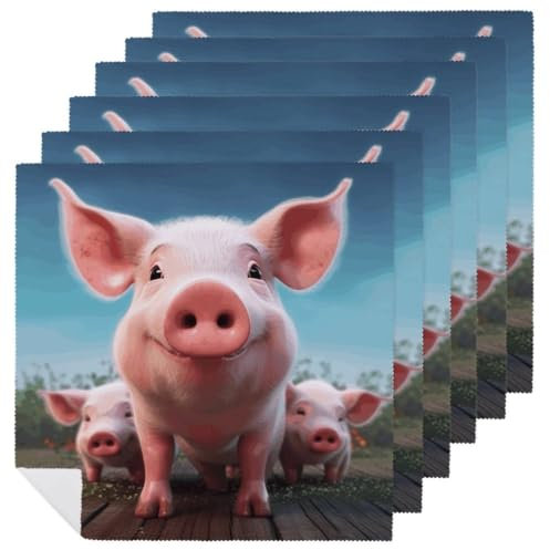 Stoffservietten, 6 Stück, hochwertig, 47 x 47 cm, bedruckt, waschbar, Polyester-Servietten, lustiges süßes Schwein, für Weihnachten, Thanksgiving, Hochzeiten