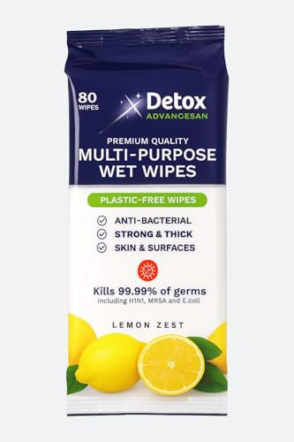 Detox AdvanceSan Biodegradable Multi-Purpose Wipes | Lemon Zest | 80 Count | Plastic-Free, Antibacterial, Resealable Pack