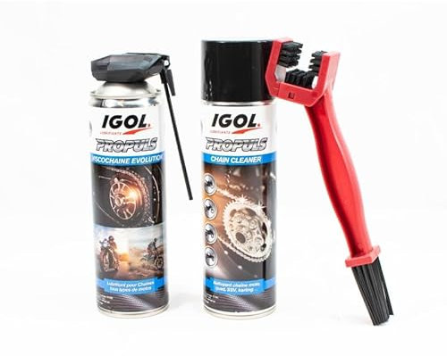 IGOL - Pack Entretien Chaîne pour Moto - Nettoyant Chaîne 400ml + Graisse lubrifiante 400ml + Brosse