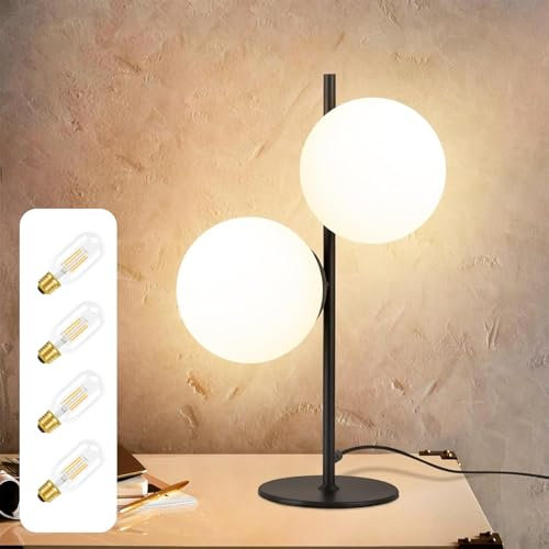 ZMH Lampe de table pour salon vintage - Lampe de chevet à 2 ampoules Noir Métal Boule en verre Lampe de chevet design avec 4 ampoules × 4W E27 2700K Lampe de table industrielle pour chambre à coucher