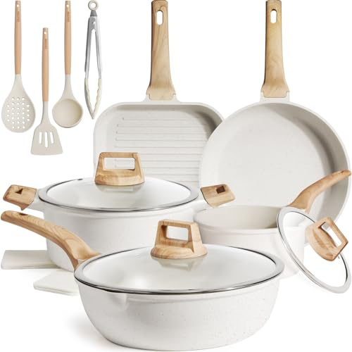 Kikcoin Lot de 16 casseroles et poêles antiadhésives en céramique pour induction, non toxique, sain, antiadhésif avec poêle, sauteuse, céramique blanche