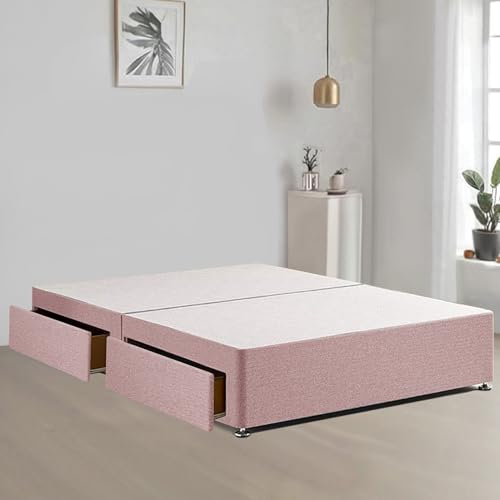 BED TIME UK - Plush Fabric Divan Bed Base with 2 Built-In Storage Drawers | Stylish Upholstered Bed Base for Smart Living (Pink, 6FT Super King Size Bed)