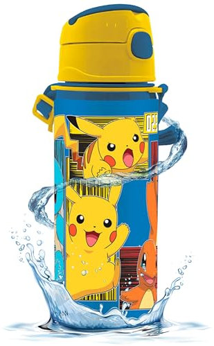 Pokemon Drinking Water Bottle 600ml - Leak Proof Wide Mouth Kids Bottle with Straw, Children Aluminium Hot Cold Flip up Lid, Kids Back to School Drinks Bottle BPA Free
