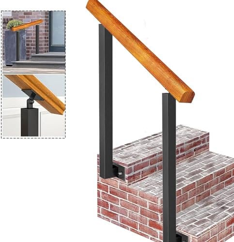 Ringhiera per scale da esterno in legno con 2 pali in ferro battuto, corrimano resistente da 1 m per 1-3 gradini, ideale per la sicurezza dell'ingresso, design elegante, facile installazione