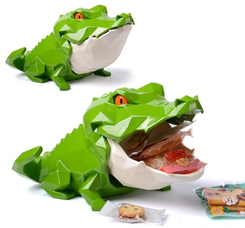 HAUCOZE Krokodile Aufbewahrung Vorratsdose Modern Skulptur Tier Deko 24cm | Grün Weiß Polyresin Abdeckbar Schale Keksdose,Wohnfigur Handgefertigtes Geschenk für Tisch Bücherregal Schreibtisch