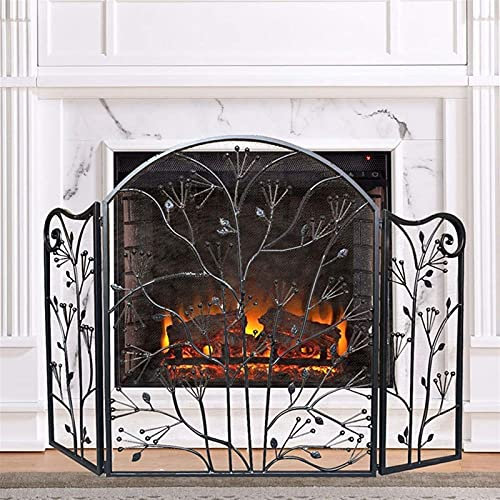 Fireplace Screen Guard, Large Fireplace Screen 3 Panel, Ornate Wrought Iron Black Metal Fire Place Standing Gate Decor Mesh,Spark Guard Cover Outdoor
