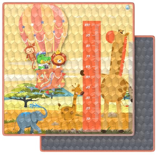 Krabbelmatte Baby Spielmatte Faltbar 127x127 cm Rutschfest Valbabycare | Baumwolle mit hoher Dichte, maschinenwaschbar, integriertes Messband bis 100 cm und Safari-Design.