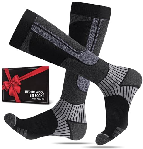 SukModen 2 paires de chaussettes de ski noires en laine mérinos pour hommes, femmes et jeunes, chaussettes thermiques épaisses, ski et snowboard, taille 35-38