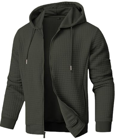 JMIERR Hoodie Herren mit Reißverschluss Langarm Waffelmuster Sweatjacke Männer mit Kapuze Einfarbig Kapuzenpulli Warm mit Taschen Grün L