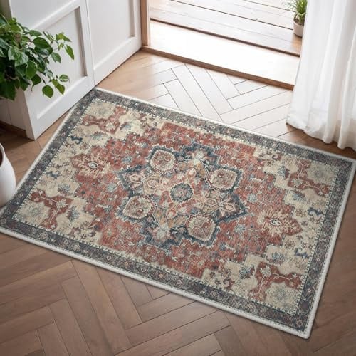 GENIMO Vintage Fußmatte Rot Teppich 60x90cm Waschbar & rutschfest | Waschbarer Teppich Weich Rutschfest Kurzflor im Retro für Eingangsbereich Badezimmer Schlafzimmer Kleiner Carpet