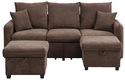 BTM Ecksofa mit Stauraum -Schubladen + Hocker mit Staufach Modulares Sofa mit Schlaffunktion Wohnlandschaft U Form Schlafsofa Braun