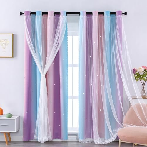 Verdunklungsvorhang für Schlafzimmer Doppellagig 86 x 114 cm aus Polyester mit Voile Sternen-Design Schiebetür Mehrfarbig Pink BluePurple/86/114
