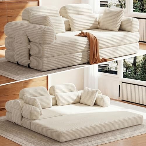 HOMRELEXA Schlafsofa 200cm Breit, Cord Boneless Couch mit Hohe Rückenlehne | Bodensofa Bed Abnehmbare Integrierte Kopf- und Lendenstütze, 2 Zierkissen, Seitentasche, Sofa mit schlaffunktion, Beige