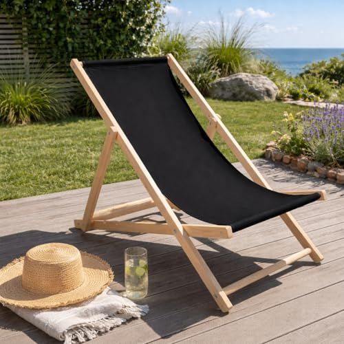 HAGO24 Strandliege Schwarz Sonnenliege Gartenliege Liegestuhl Klappstuhl Holz Kiefernholz Polyester 3fach verstellbar faltbar Balkon Terrasse 120kg